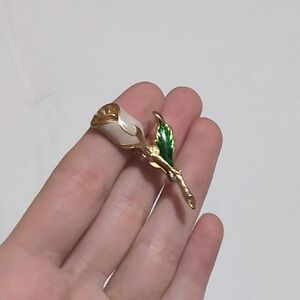 Gold-Tone White Rose Pin Brooch with Green Leaf